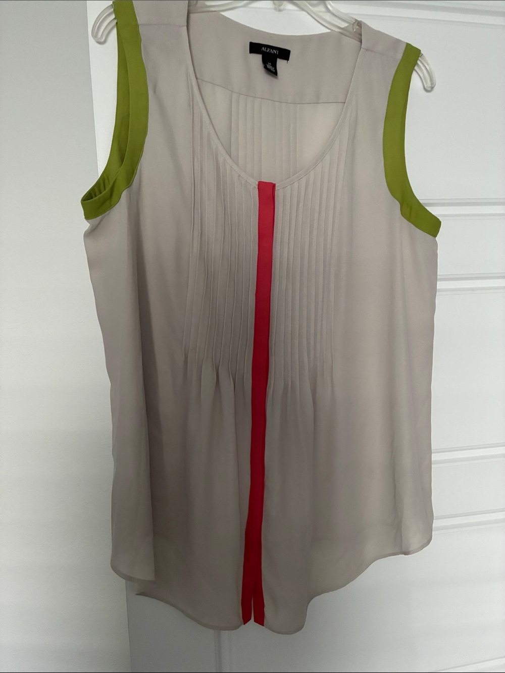 Alfani Beige Shell Top with Pink Center Trim and Lime Arm Accents